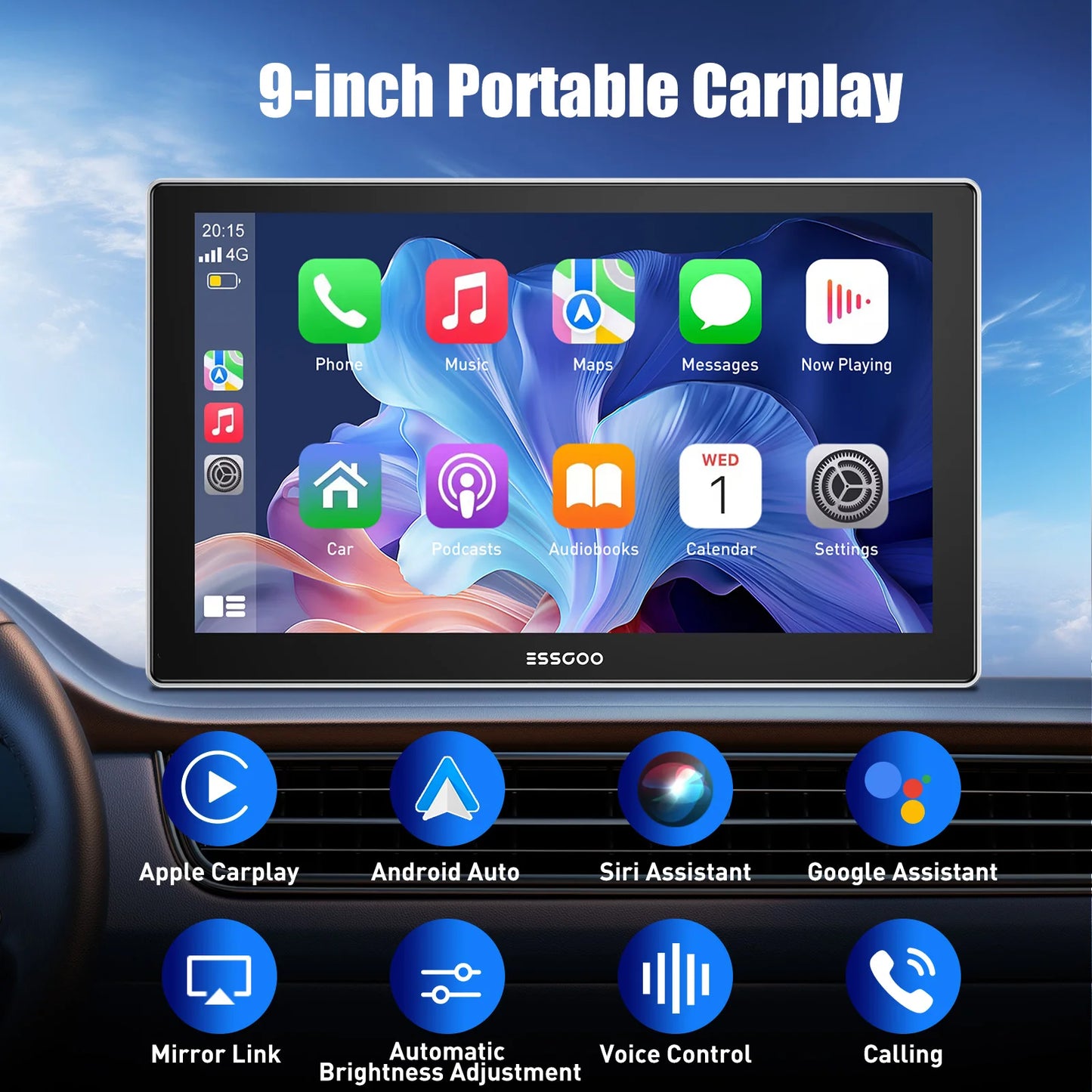 ESSGOO 9-Inch Wireless Car Stereo with Apple CarPlay