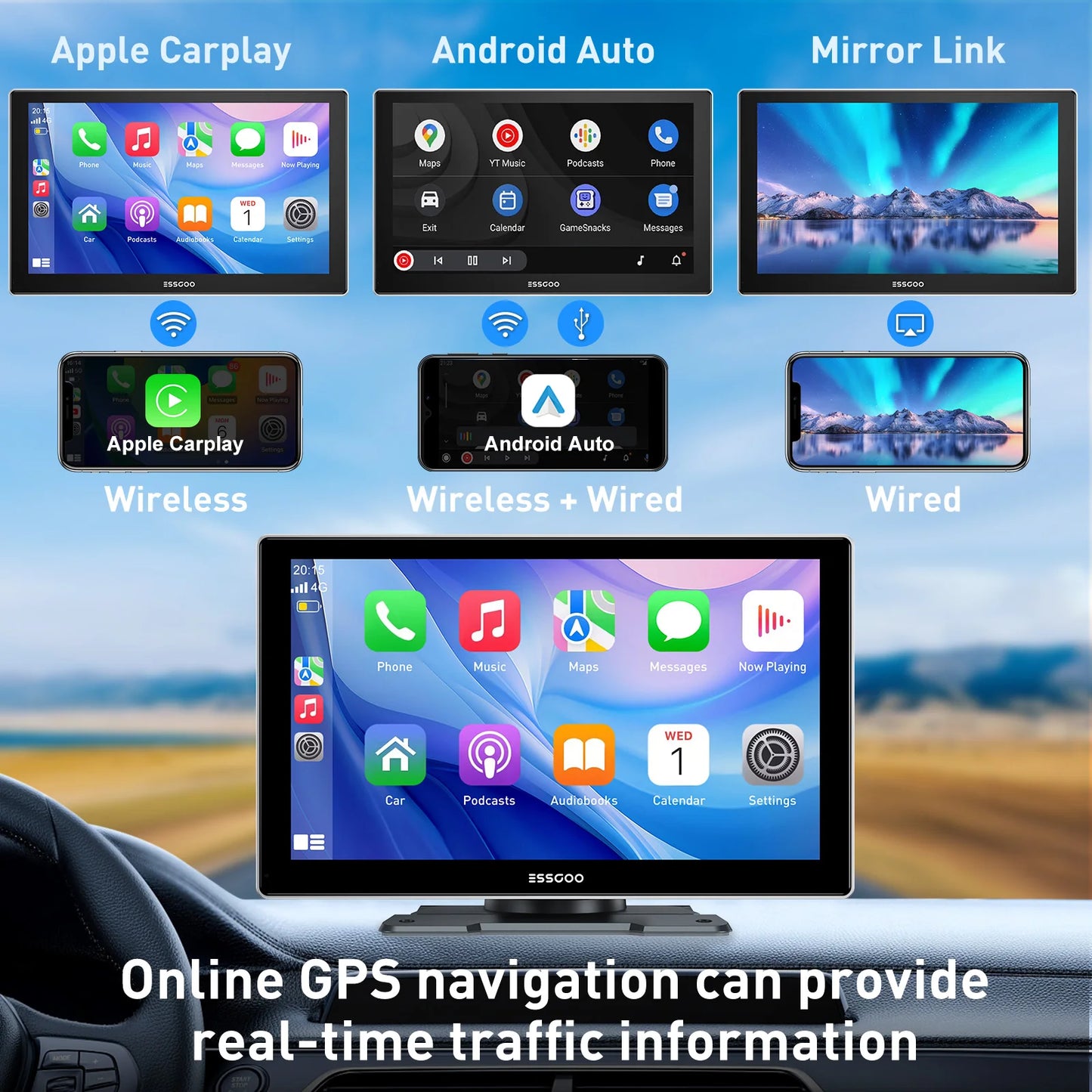 ESSGOO 9-Inch Wireless Car Stereo with Apple CarPlay